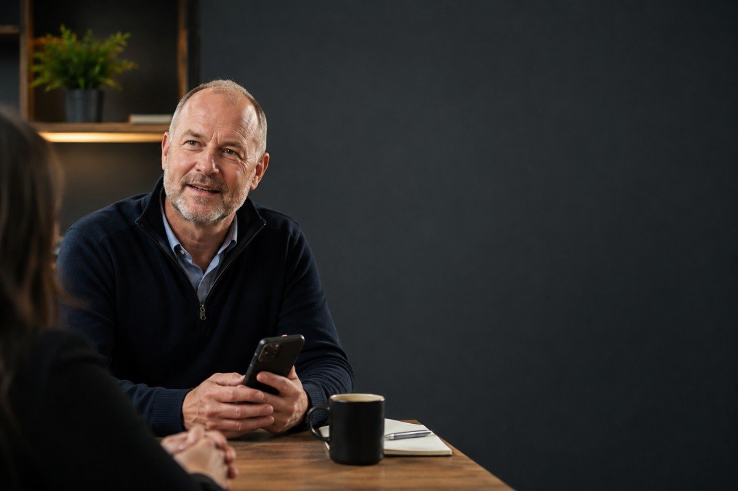 A business owner having a relaxed conversation across a table