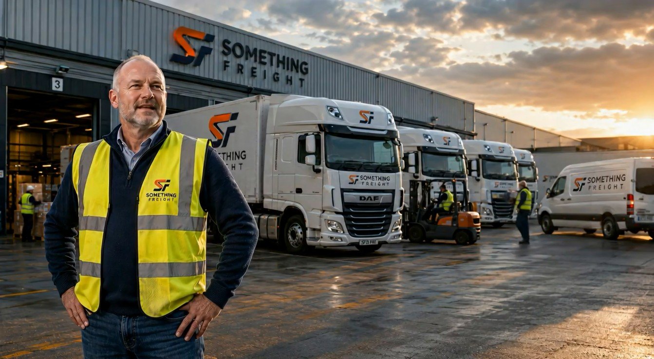 Owner of an established logistics business standing proudly outside his depot and fleet