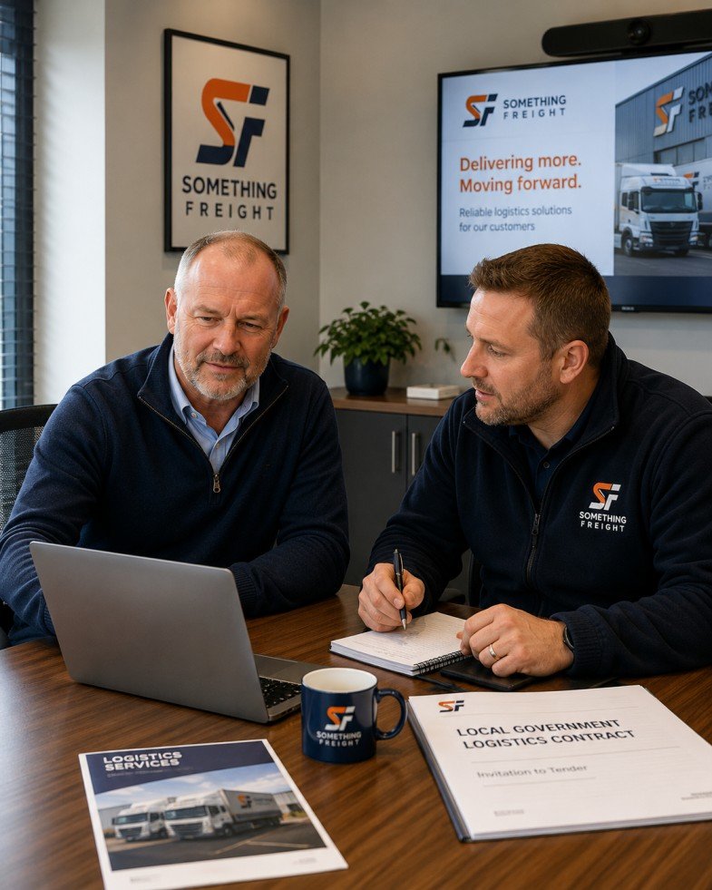 The logistics company owner and colleague reviewing a potential local government contract