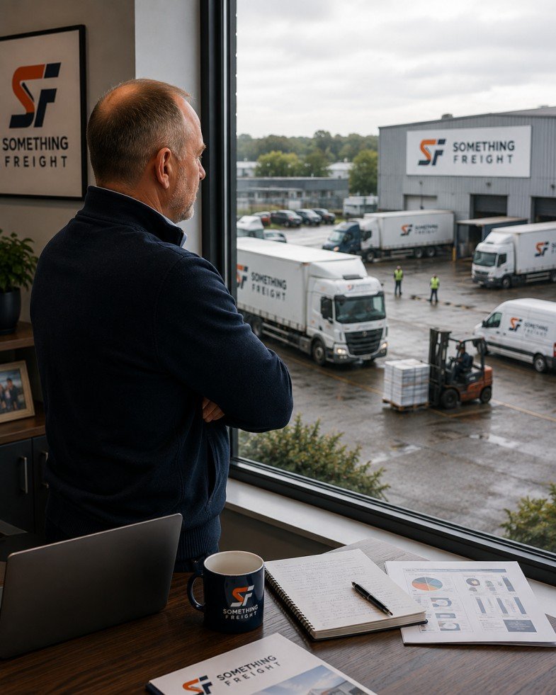 Owner looking over the logistics company's vehicles, premises and assets