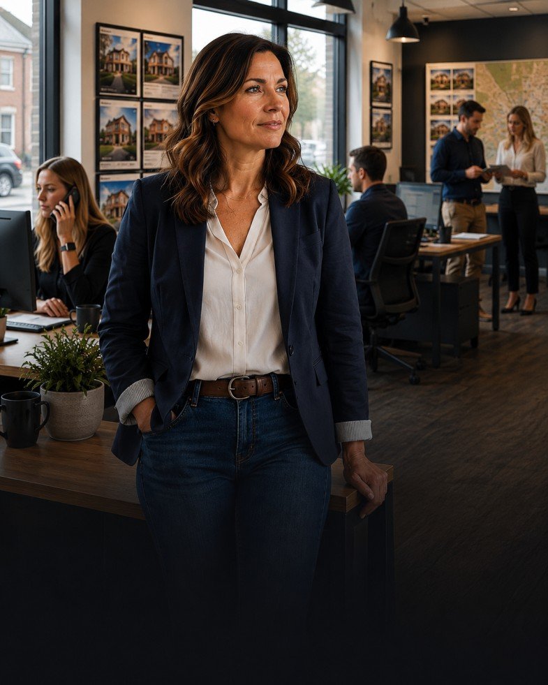 Owner of a successful independent estate agency standing in her busy office