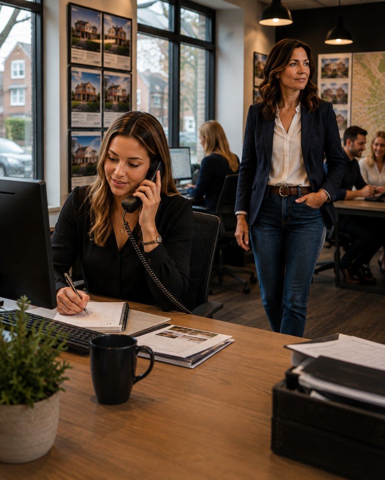 Busy estate agency employee handling a customer telephone enquiry