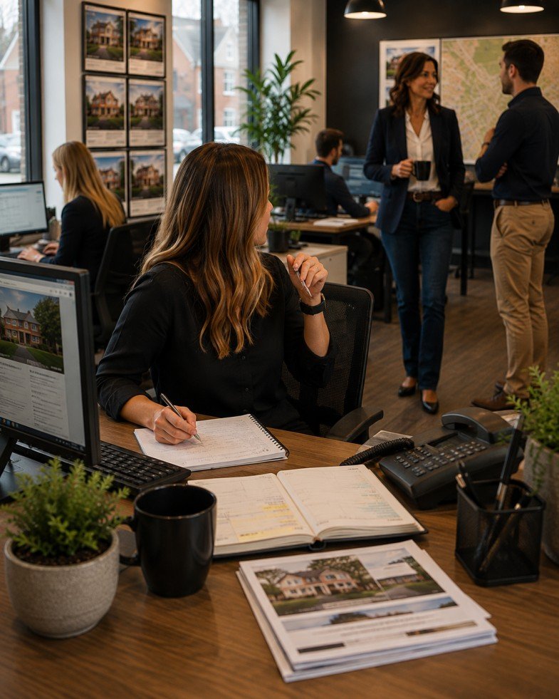 Estate agency employee trying to get the attention of the business owner while she is already helping someone else