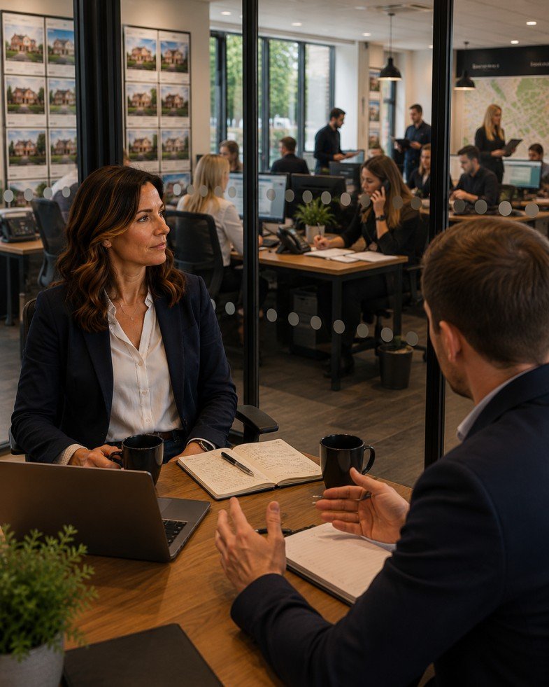 Business owner in a meeting looking through the glass at her extremely busy team