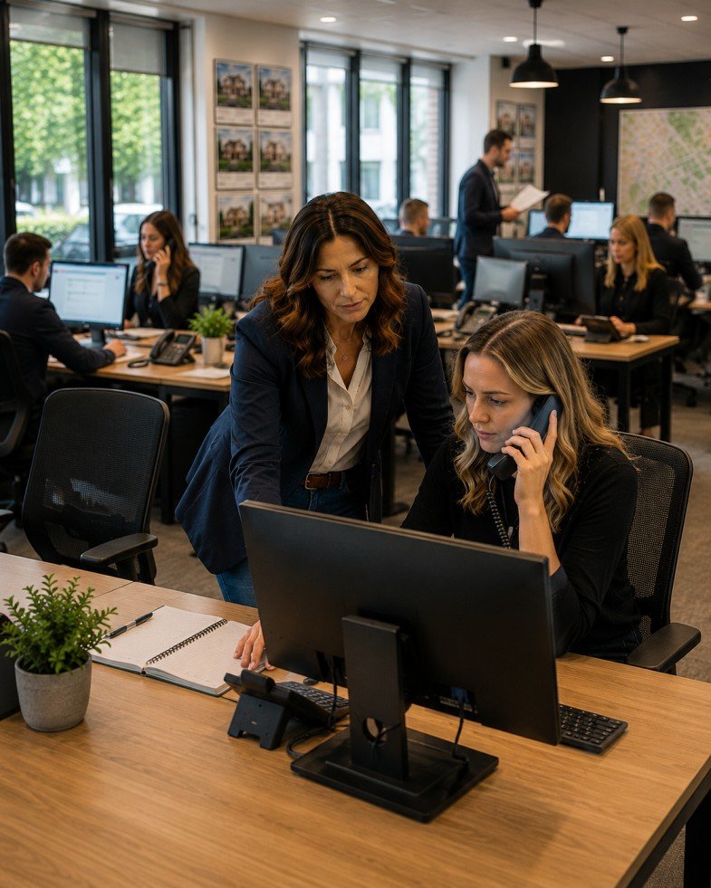 Business owner helping her estate agency team cover the workload of an absent employee