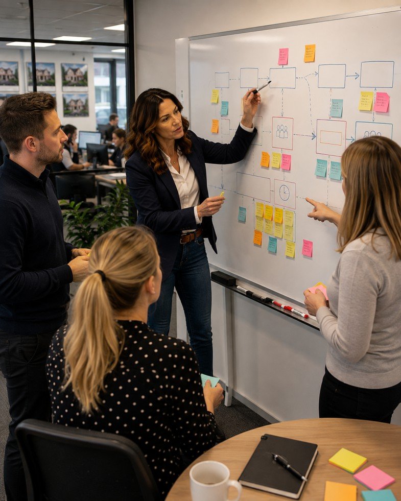Business owner and her team mapping how work moves through the business on a whiteboard