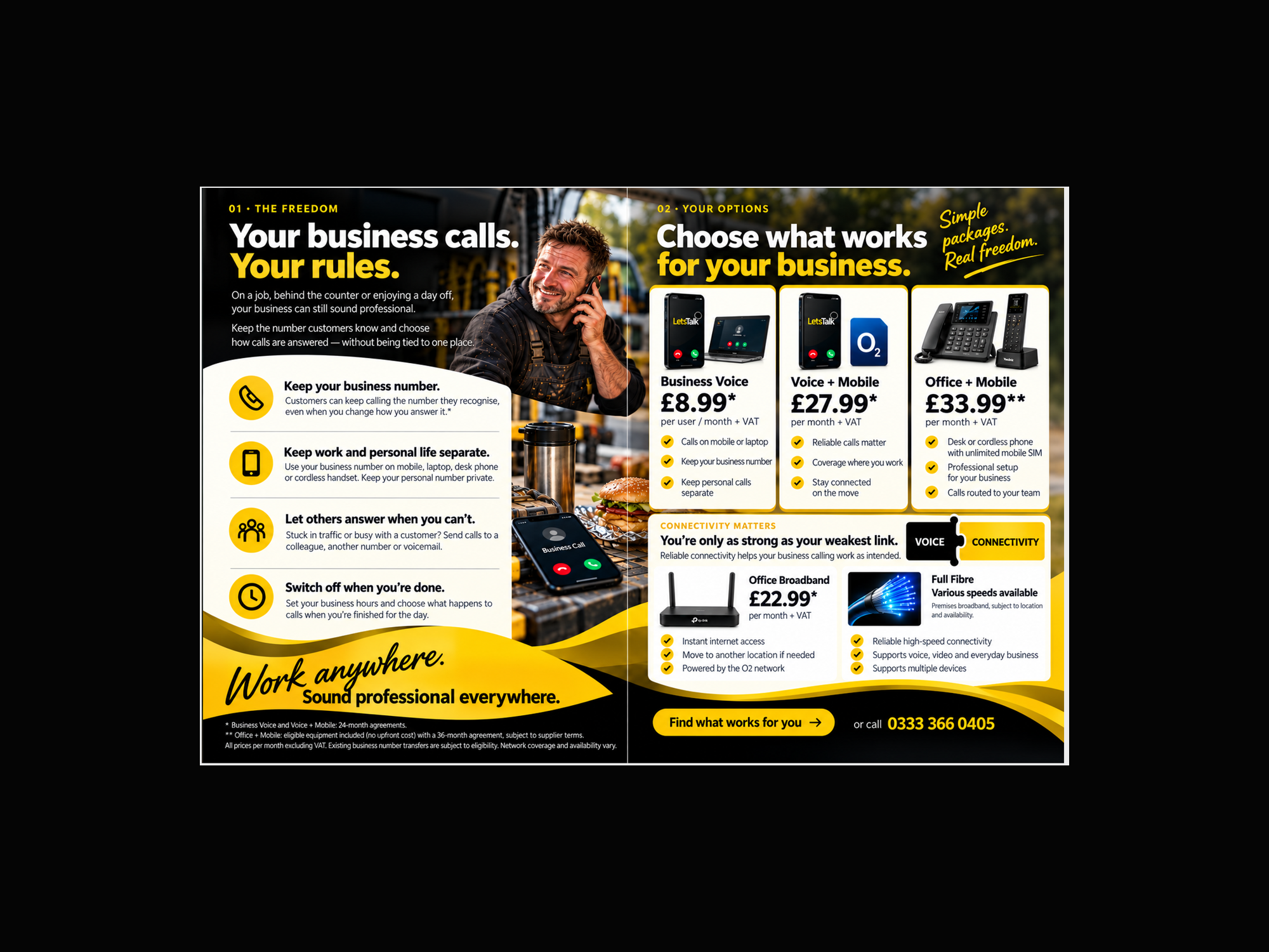 Inside left: Your business calls, your rules. Benefits of business calling anywhere.
